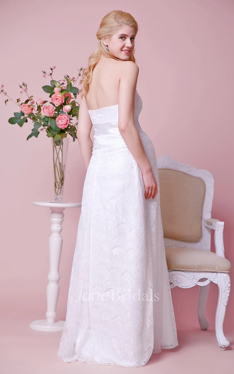 Strapless Empire Waist Lace Long Maternity Wedding Dress With Satin Bow