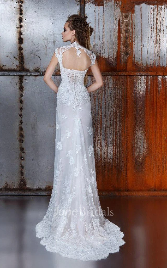 Sheath Cap V-Neck Floor-Length Lace Dress With Appliques