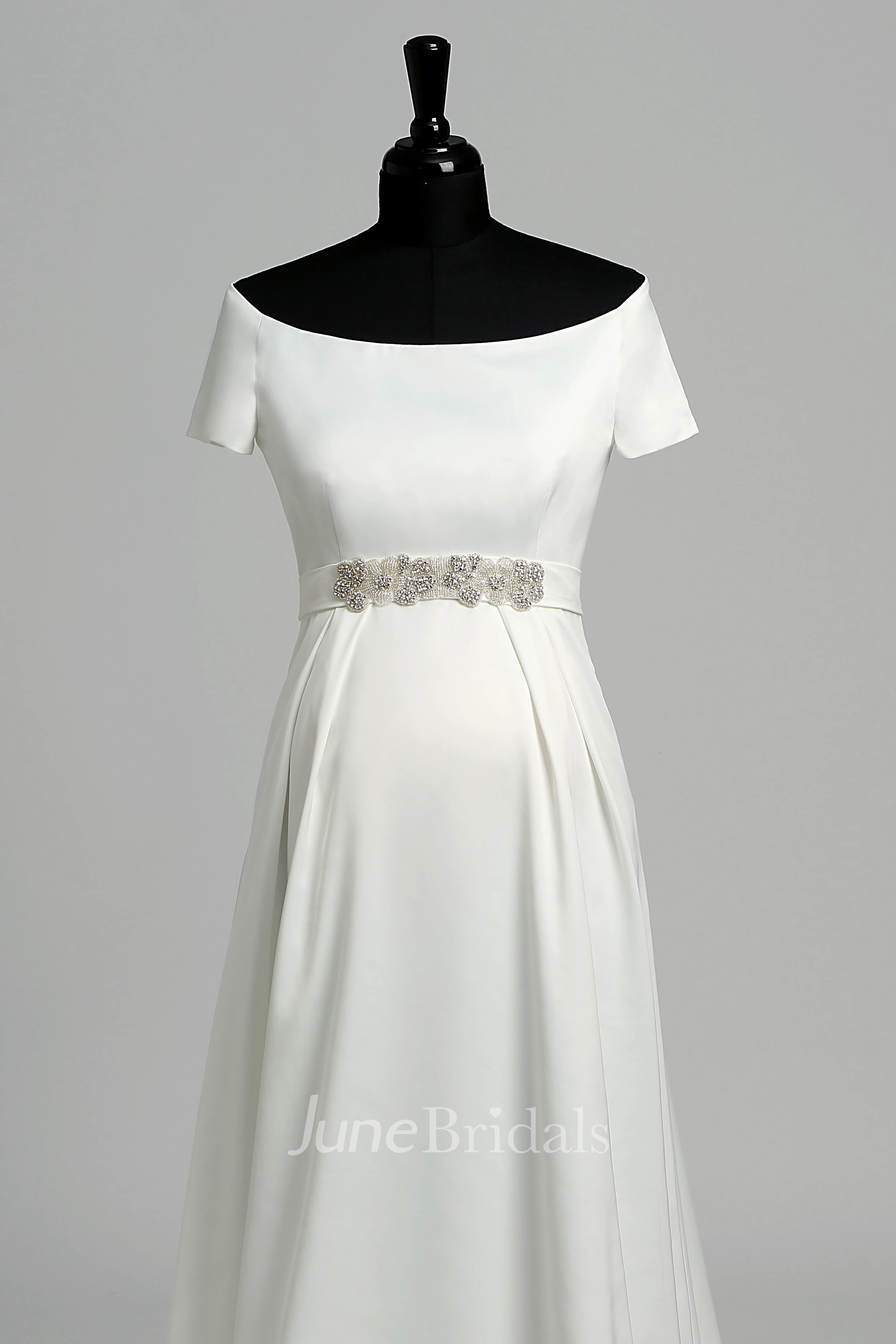 Graceful Off-the-shoulder A-line Beaded Satin Maternity Wedding Dress