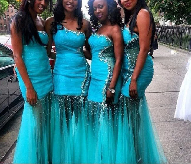 Glamorous Tulle Mermaid Bridesmaid Dress Sequins One Shoulder