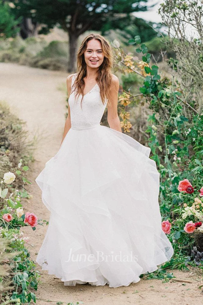 Multi Layered V-neck Tulle Wedding Dress With Ruffles