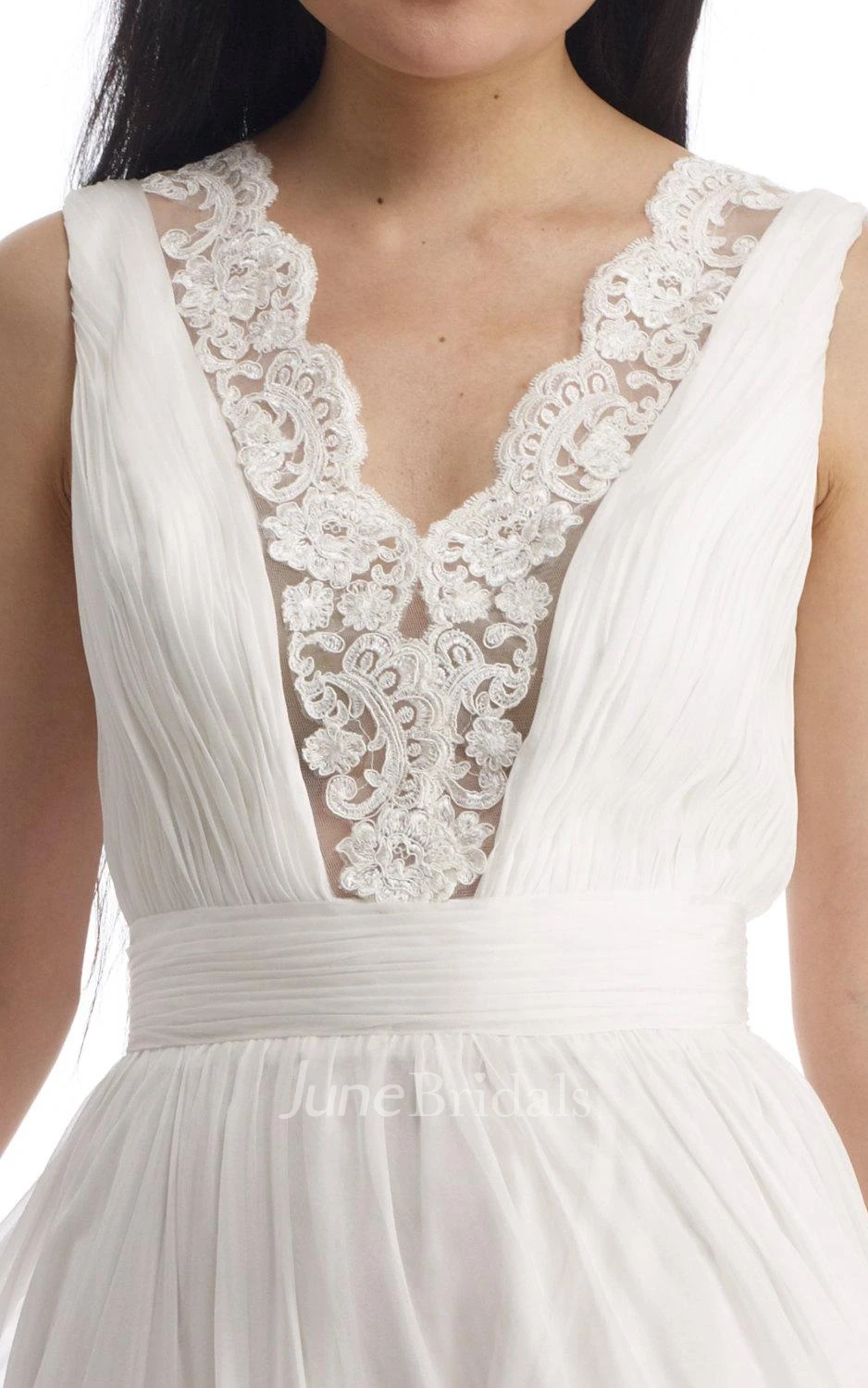 V-Neck Sleeveless Low-V Back Chiffon Wedding Dress With Ruching And Appliques