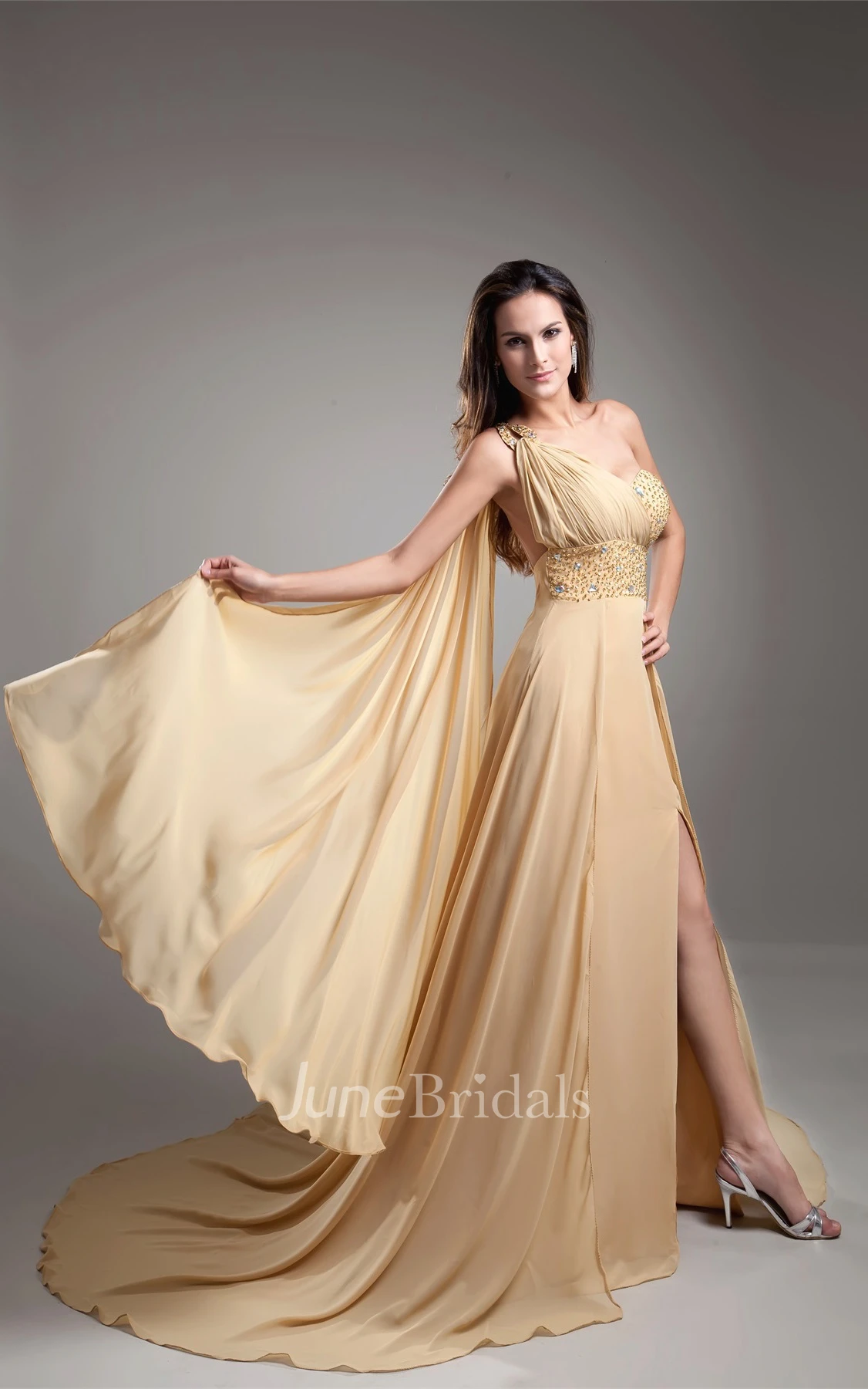 One-Shoulder Front-Split Long Dress with Jeweled Top