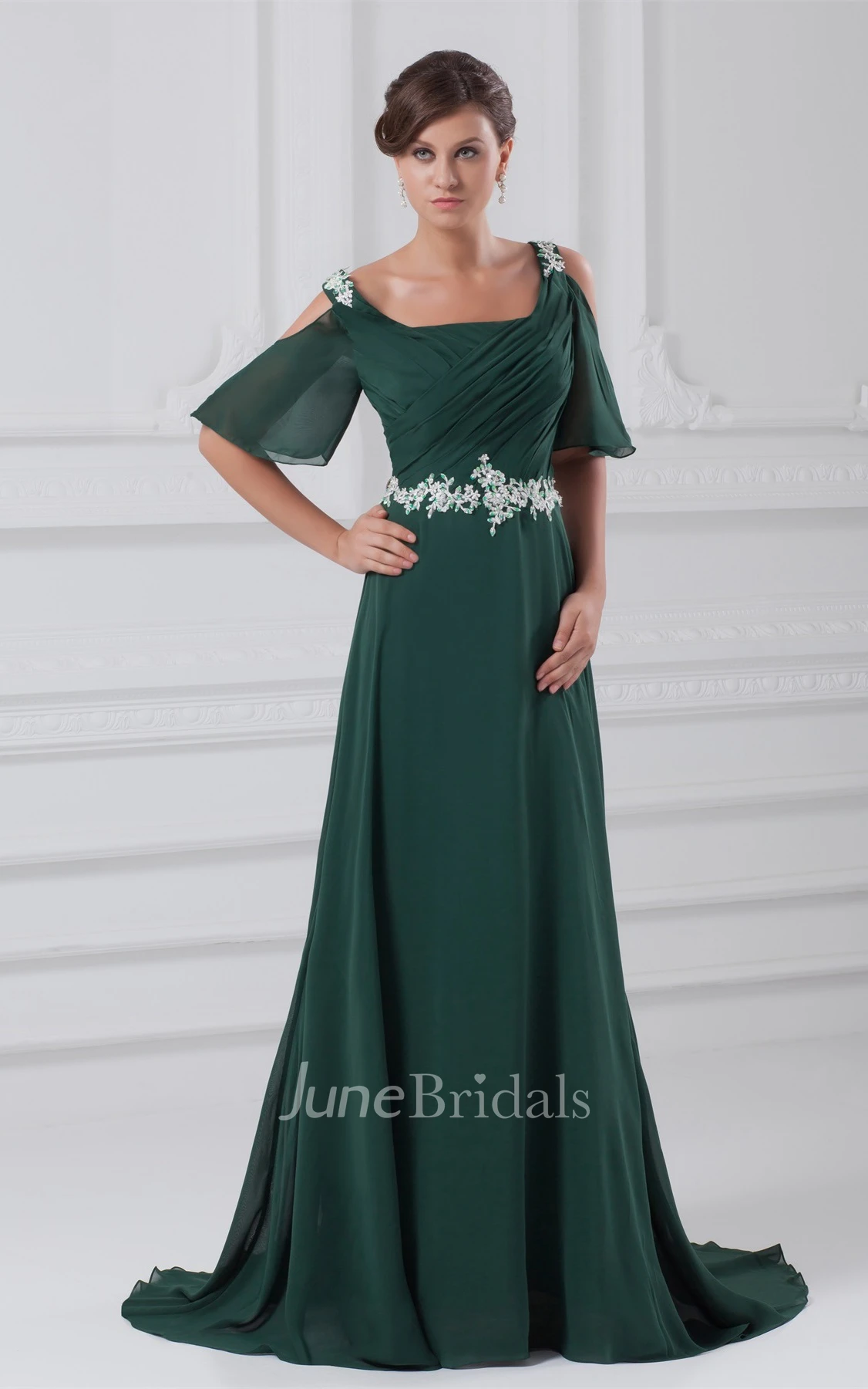 square-neck chiffon maxi ruched dress with appliqued waist