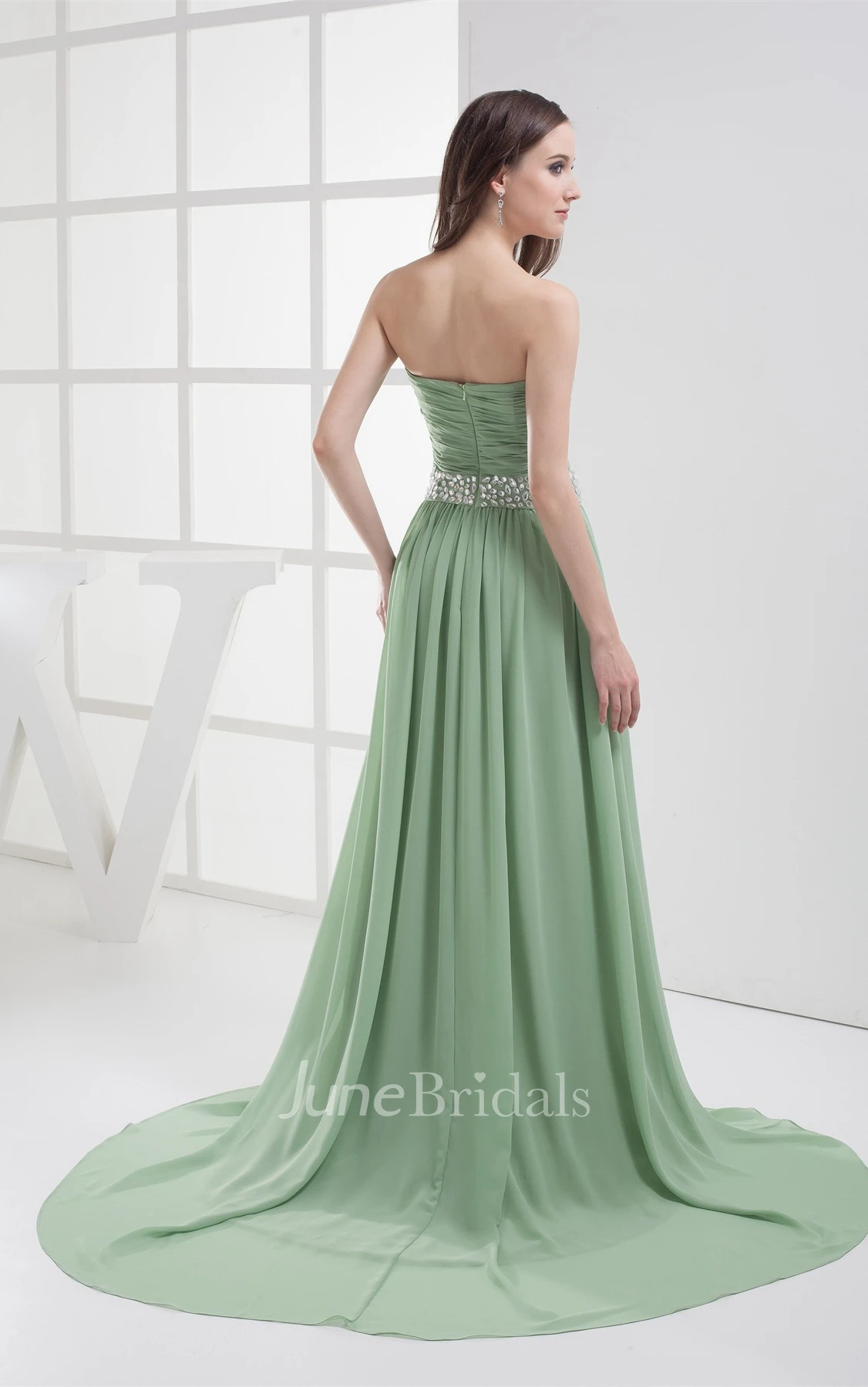 Chiffon Strapless Pleated Maxi Dress with Ruching and Rhinestone