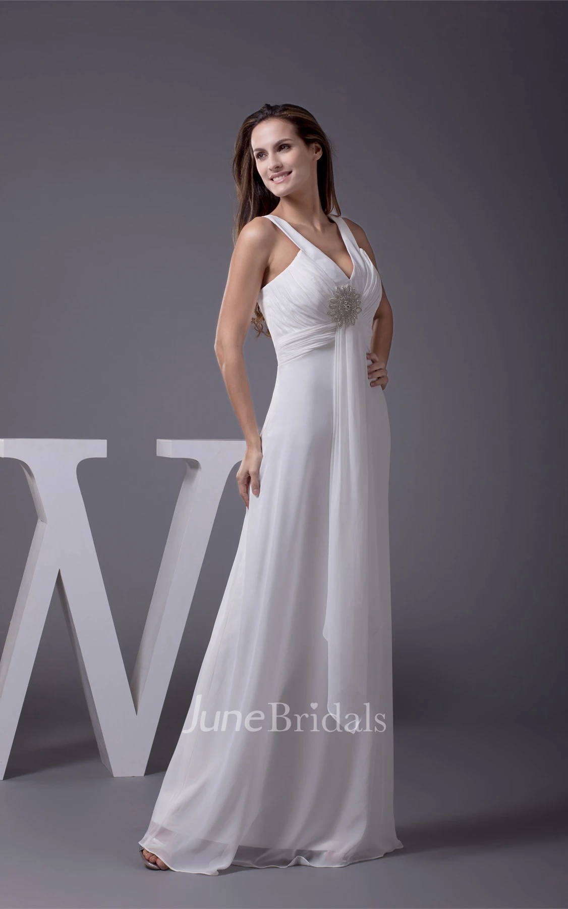 Strapless V-Neck A-Line Floor-Length Dress with Side Draping and Flowered Beadings