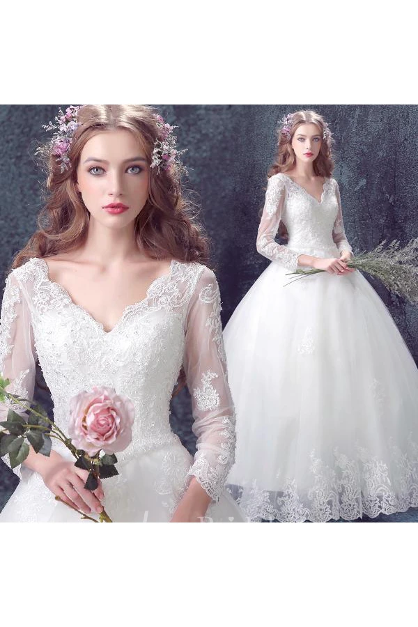 Romantic Lace Tulle Ball Gown Wedding Dress 3 4-Long Sleeve