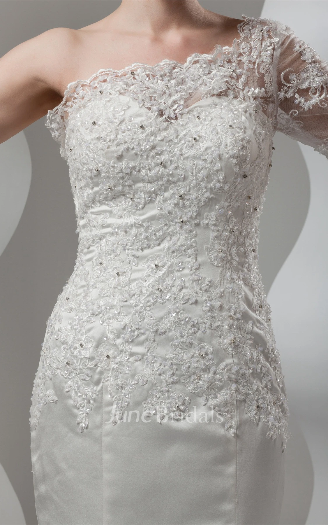 Asymmetrical Mermaid Appliqued Gown with Illusion One Sleeve