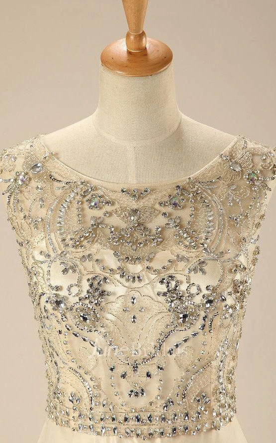 A-line Cap Sleeve Backless Chiffon Dress With Beading