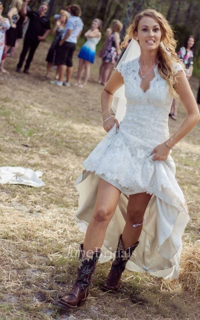 Country Cowgirl A-Line Boho Empire Short V-Neck Bell Cap Empire Dropped  Court Train Button Lace Wedding Dress - June Bridals