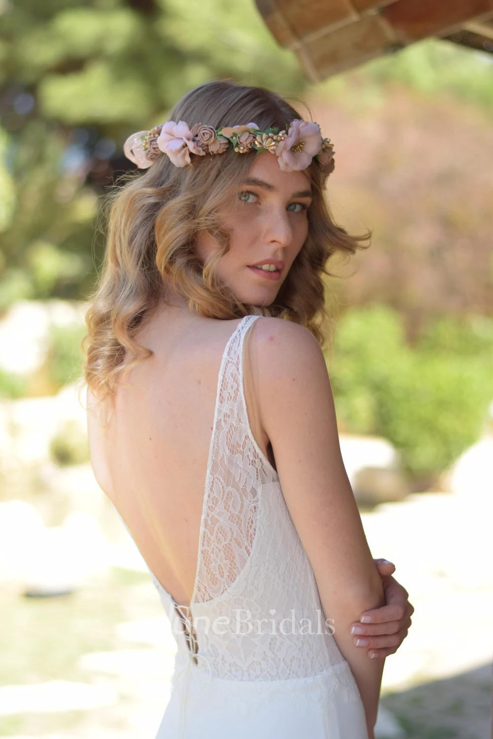 Plunged Sleeveless Chiffon Wedding Dress With Lace And Deep-V Back