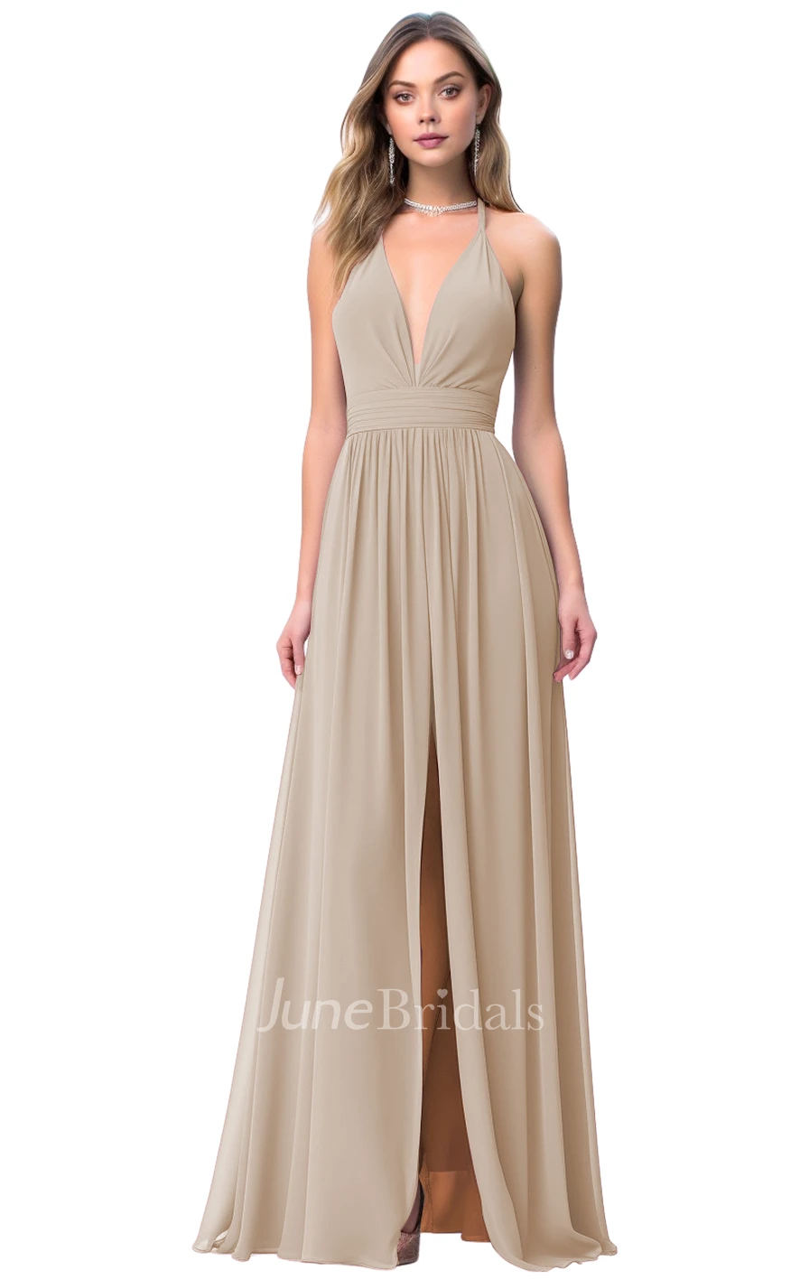 Gorgeous A-Line Plunging Neck Bridesmaid Dress with Split Front