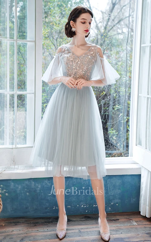 Casual Tulle Bateau Halter Off-the-shoulder A Line Cocktail Homecoming Dress With Appliques