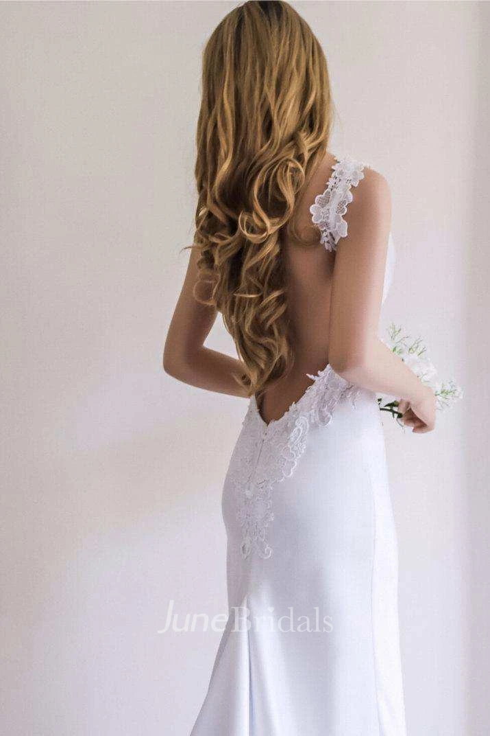 Plunged Spaghetti Sheath Satin Backless Wedding Dress With Sweep Train