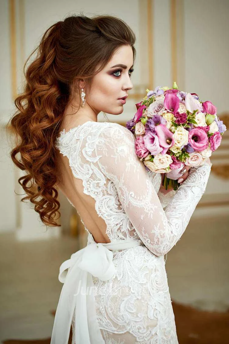 Deep-V-Neck Lace Illusion Long Sleeve Mermaid Beaded Wedding Dress With Skirt