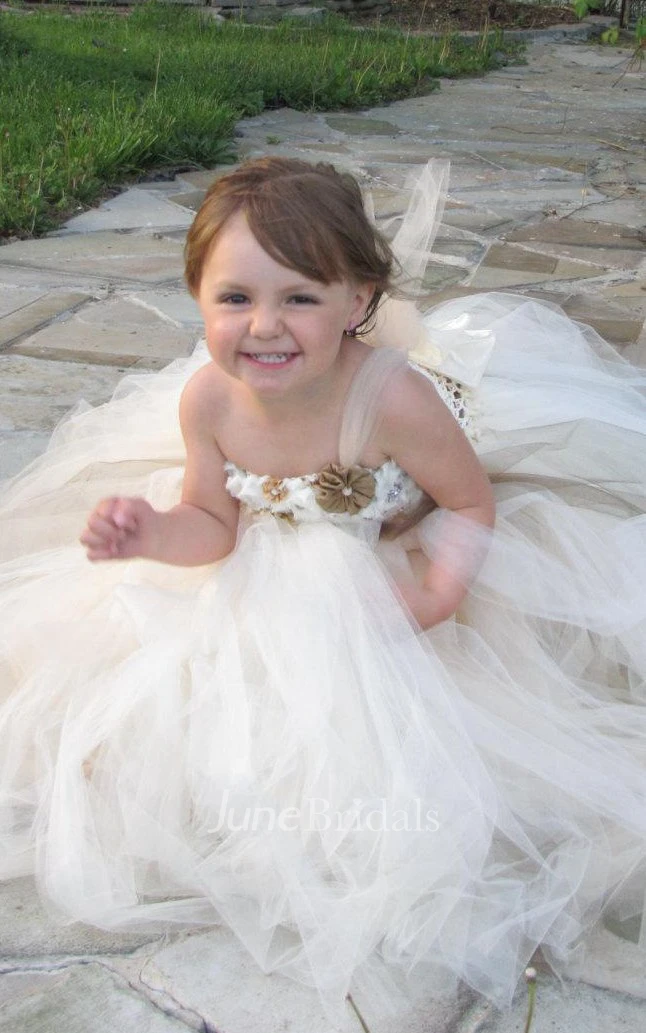 Vintage Pearl Emblished Girls Tulle Shabby Flower Tulle Flower Girl Dress
