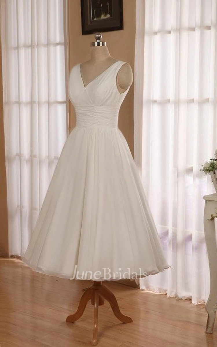 V-Neck Sleeveless Tea-Length Chiffon Wedding Dress With Ruching