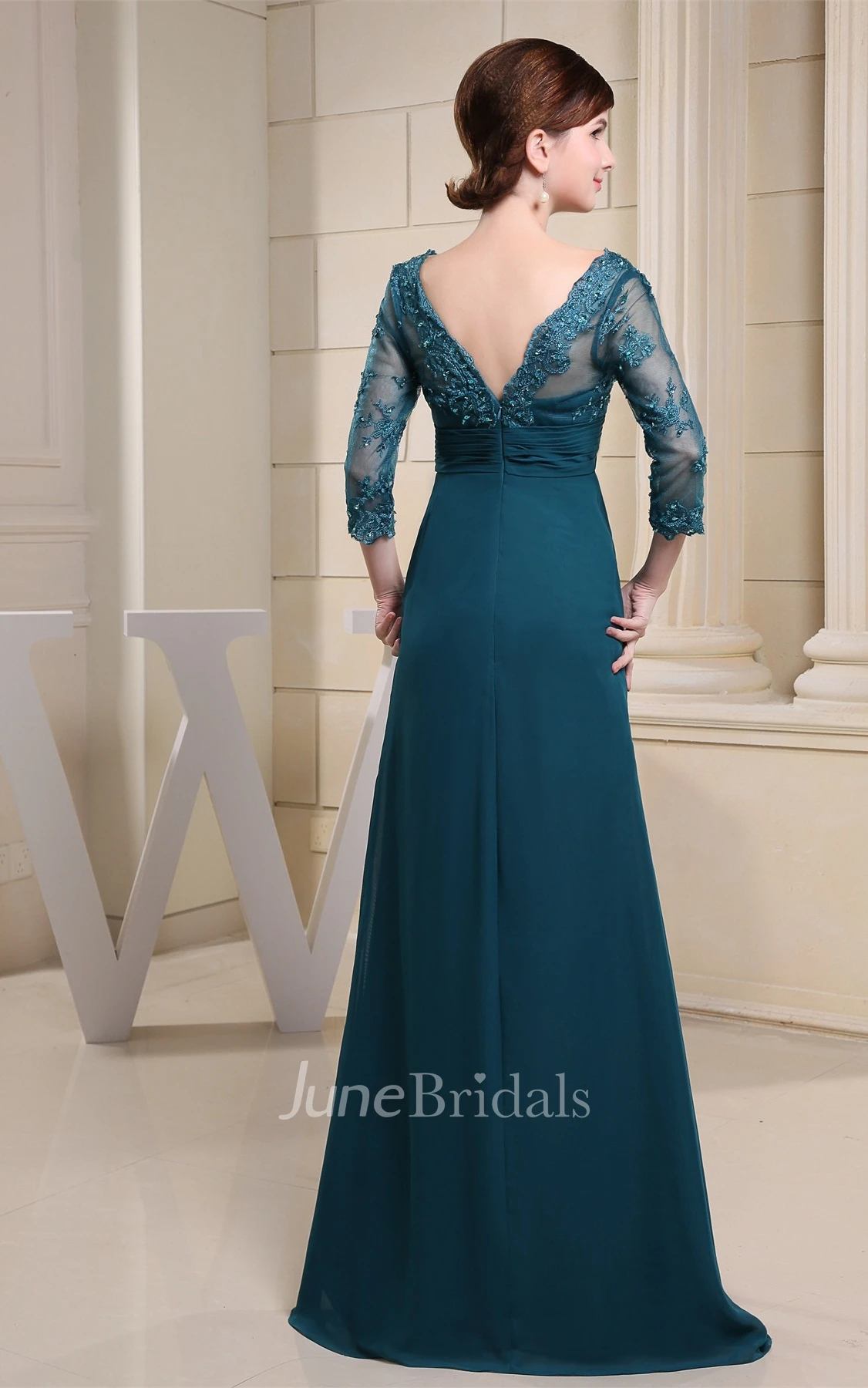 V-Neck Empire Floor-Length Dress with Appliques and Illusion Sleeve