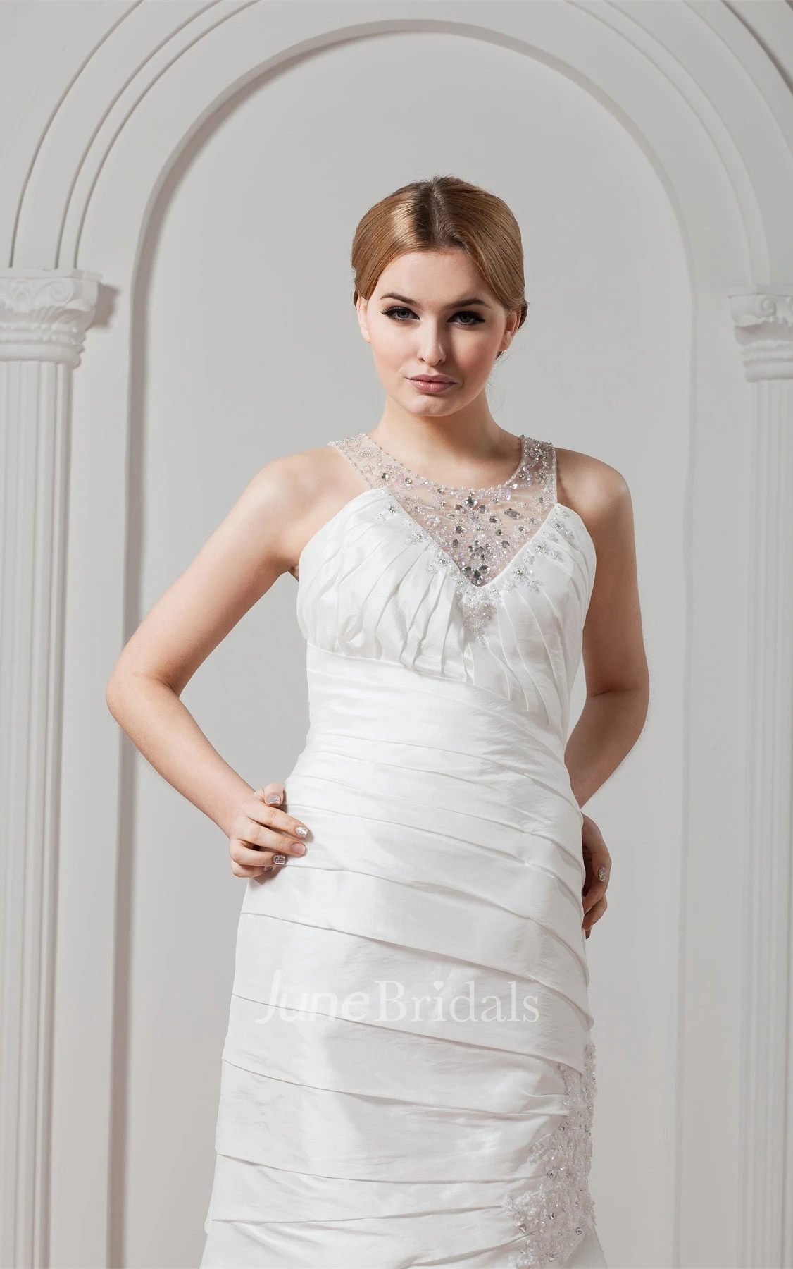 Sleeveless Column Ruched Gown with Appliques and Jeweled Neckline