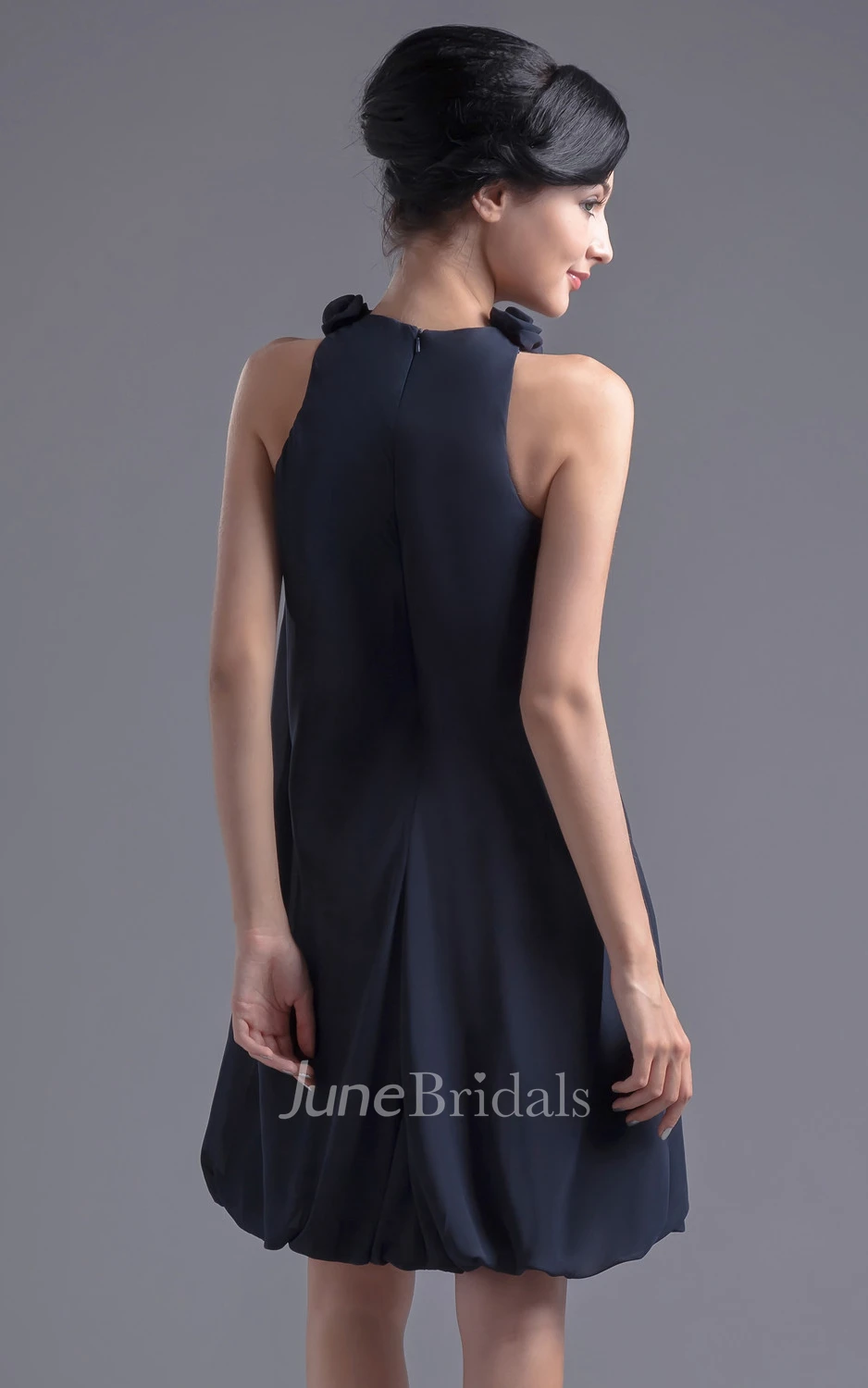 Gossamery Short Chiffon Pleated Dress With Floral Neckline