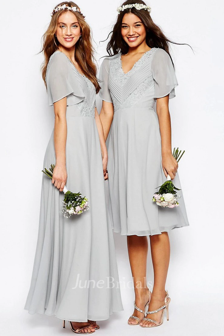 Knee-Length Lace Poet Sleeve V-Neck Chiffon Bridesmaid Dress With Ruching