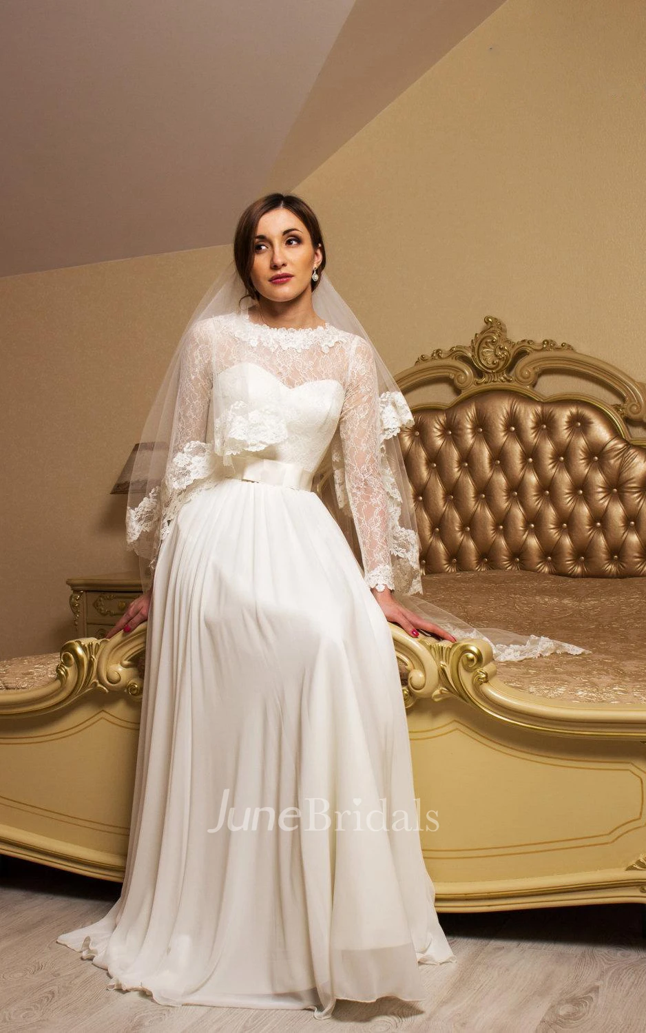 Long Sleeve Chiffon Lace Satin Weddig Dress