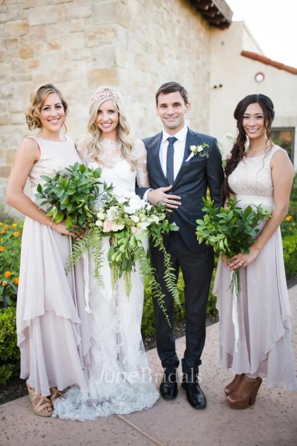 Vintage Bohemian Sheath Sheer Bateau Neck Long Sleeves High Slit Lace Bridal Gown