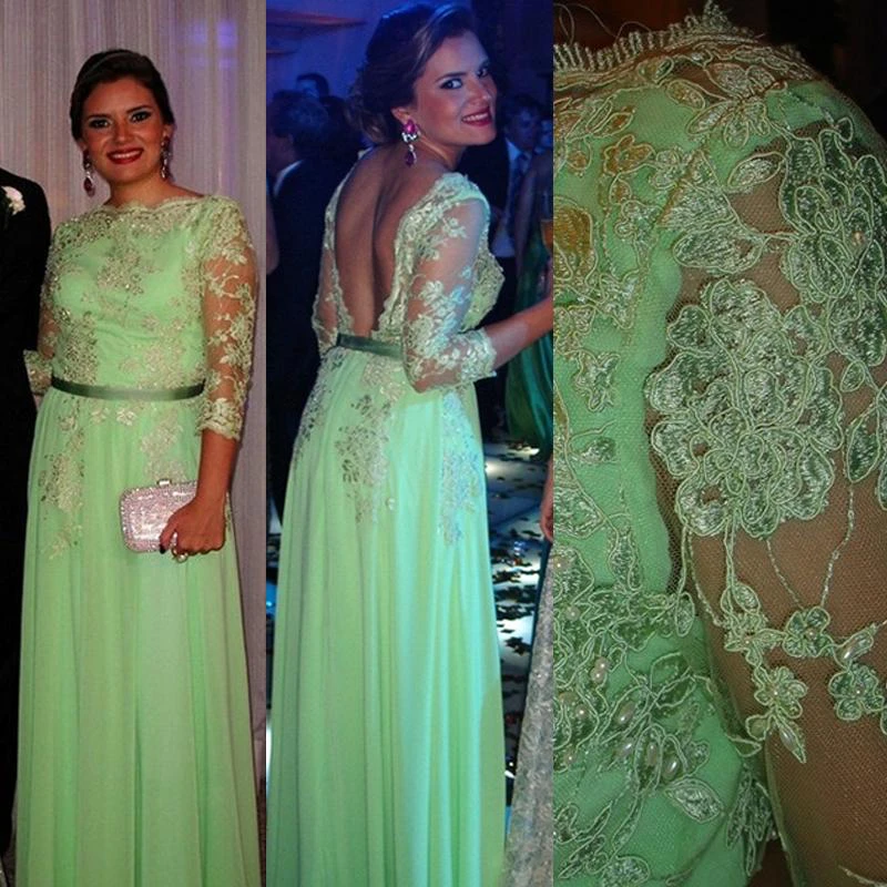 Lace Long Sleeve Open Back Dress New Arrival Gorgeous Gowns for Proms Appliques 3 4 Chiffon Evening