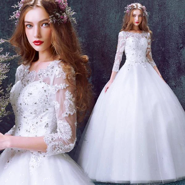 Romantic Tulle Lace Beadings Wedding Dress 3 4-Long Sleeve Princess