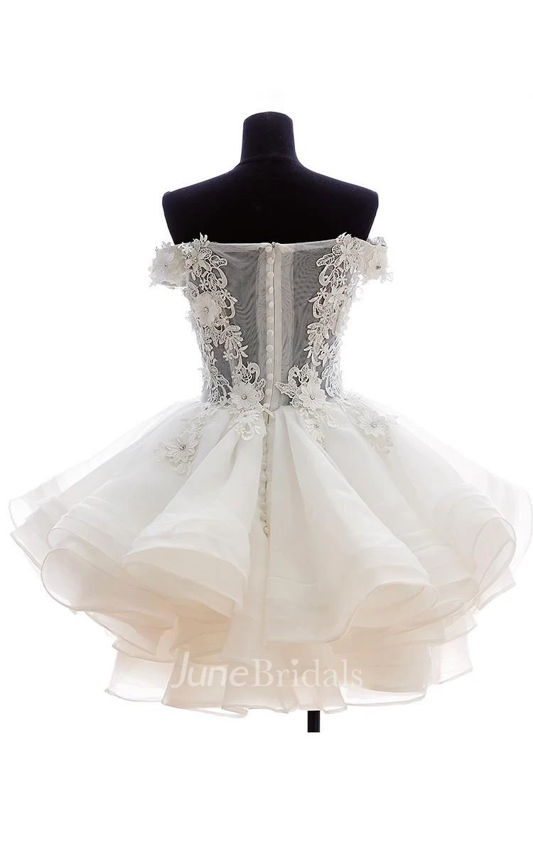 Ball Gown Mini Off-The-Shoulder Appliques Button Zipper Corset Back Lace Organza Dress