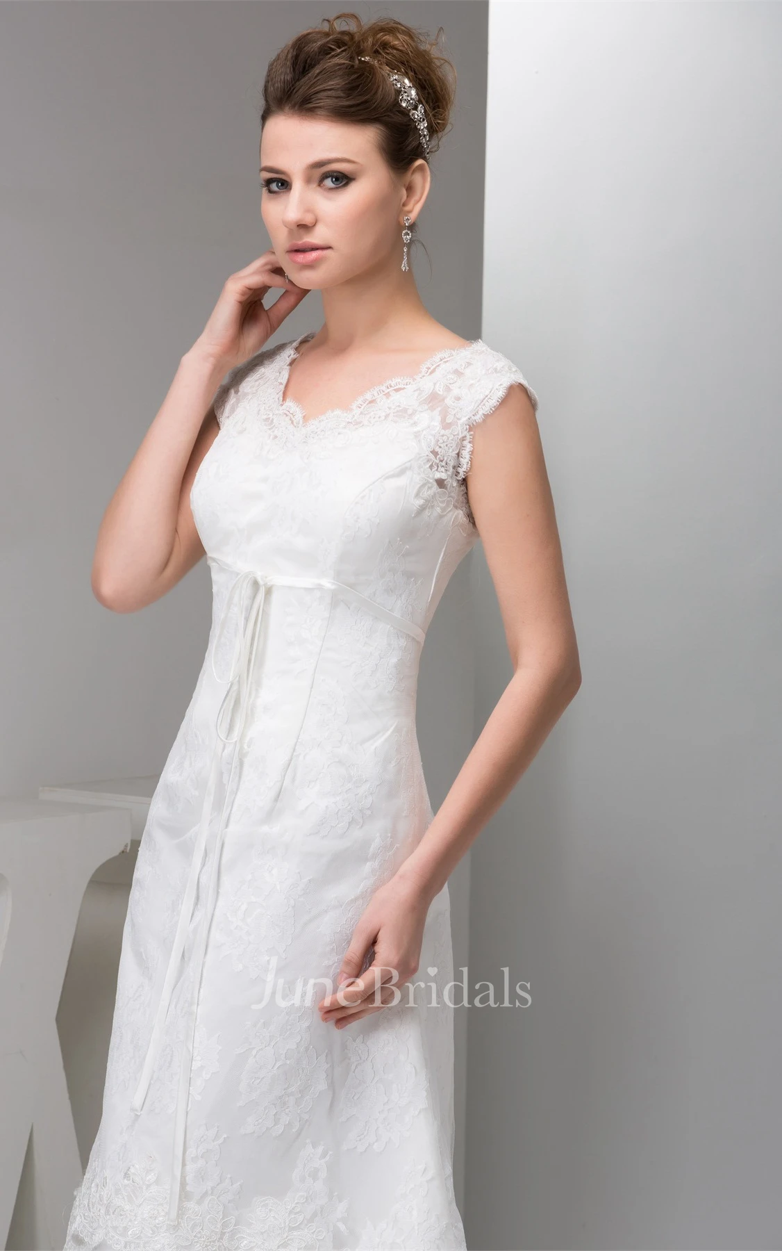 Caped-Sleeve Lace A-Line Gown with Low-V Back