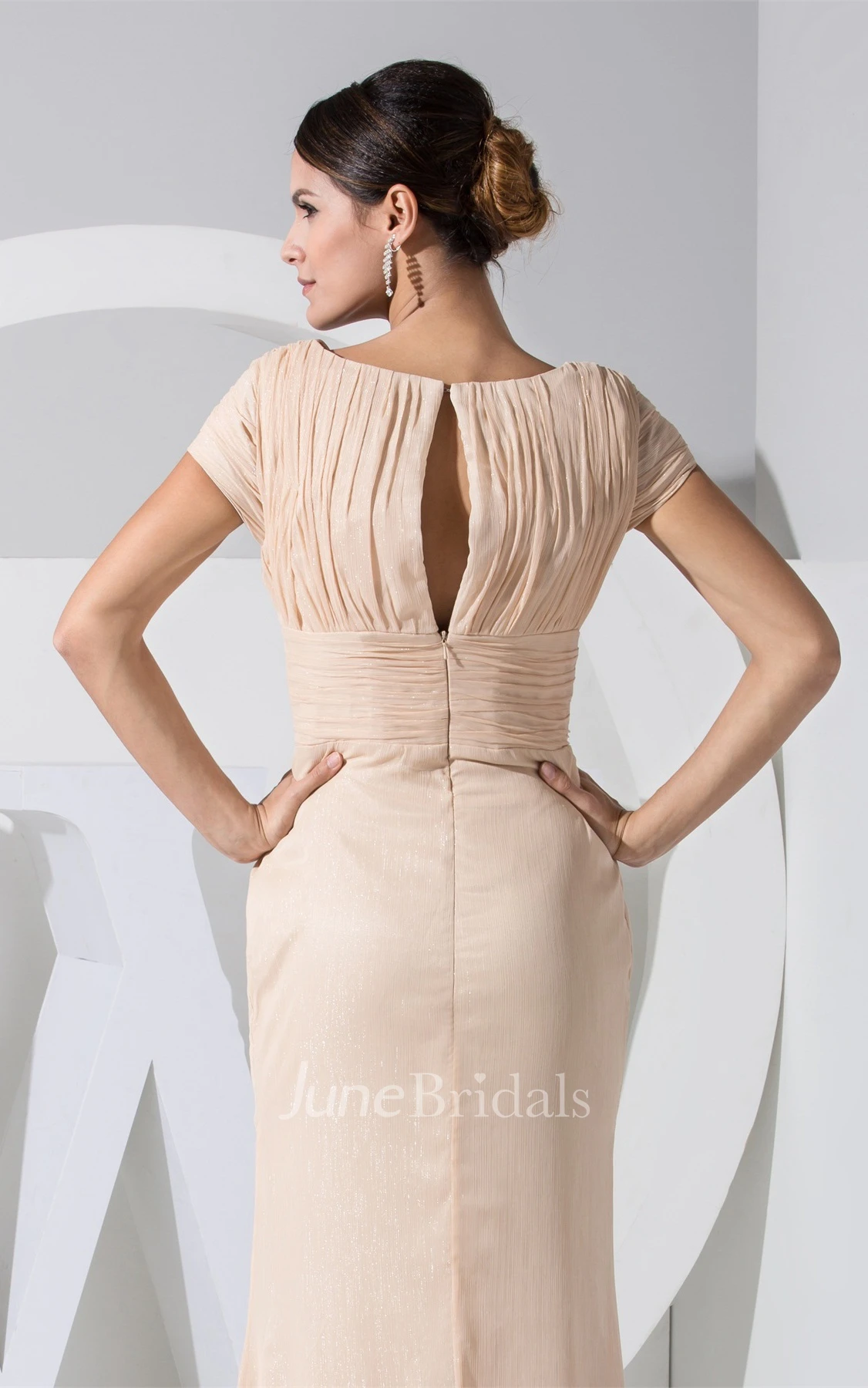 Plunged Caped-Sleeve Mermaid Dress with Front Slit and Ruched Waist