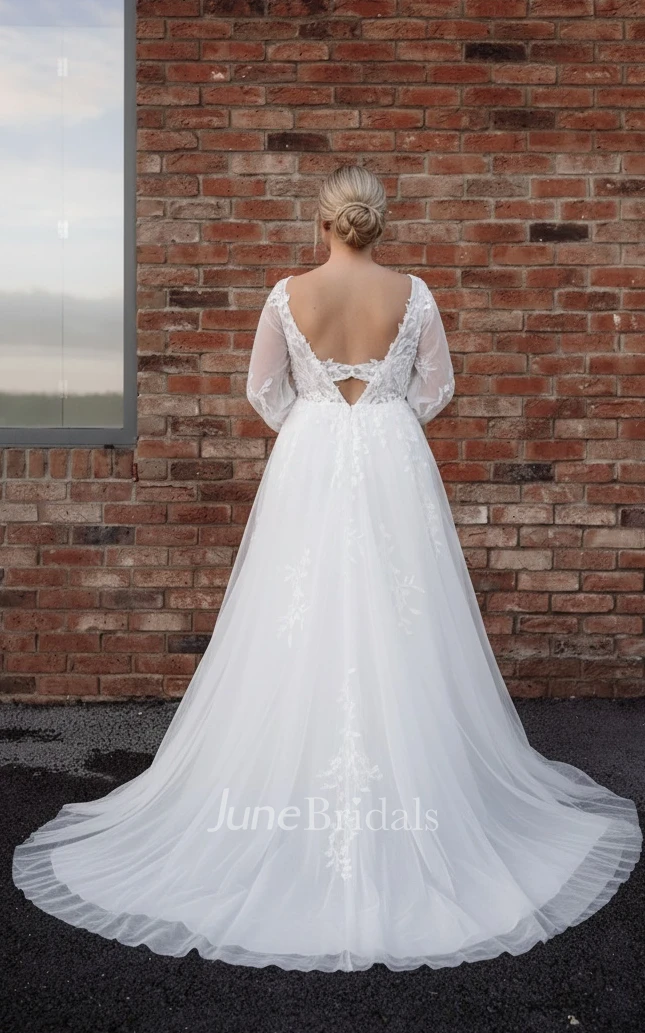 Elegant Sweep Train Plus Size Lace Spring Wedding Dress with Deep-V Back Appliques