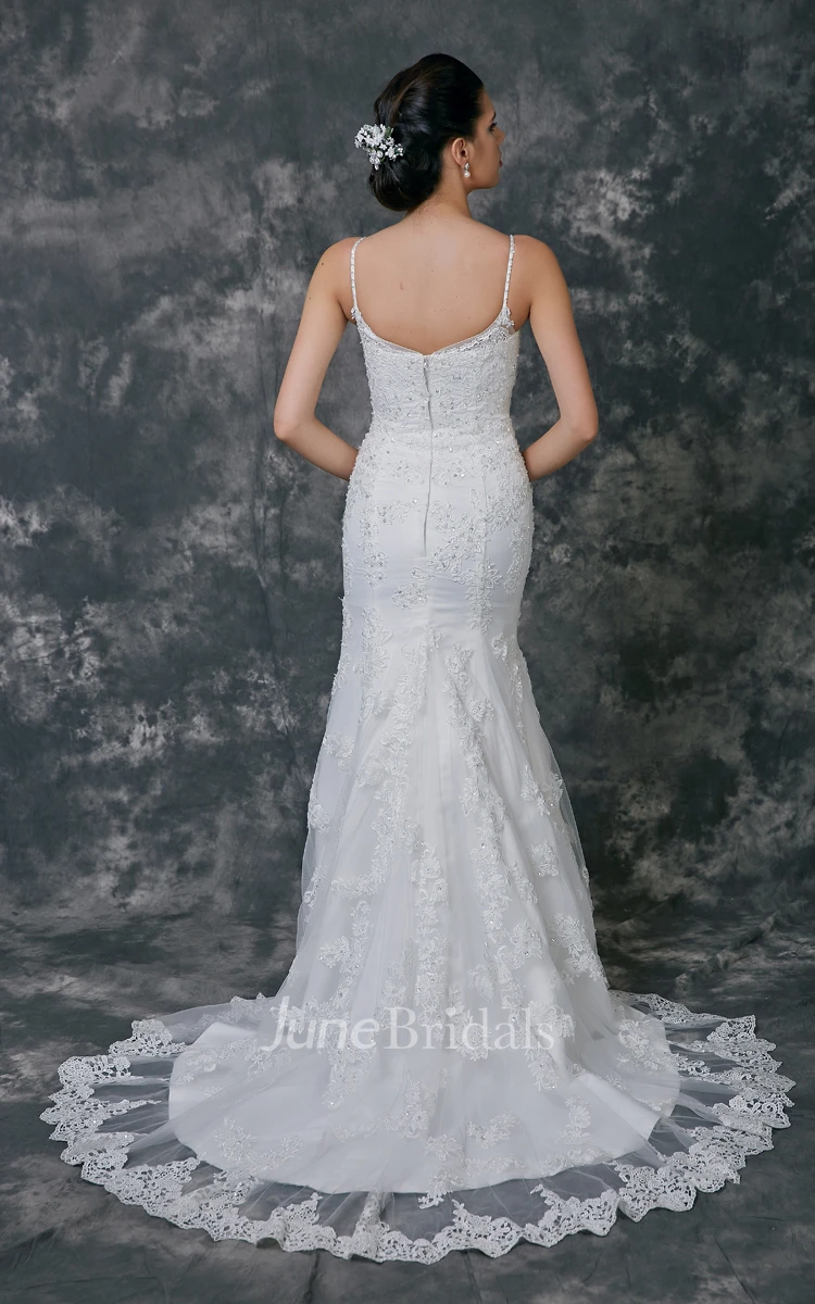 Lace V-Neck Sheath Dress With Spaghetti Straps and Beadings