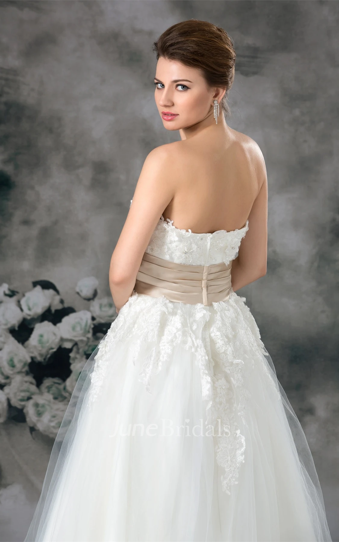 strapless a-line ankle-length gown with tulle overlay and appliques