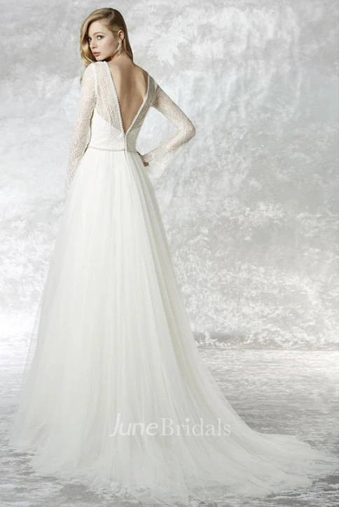 A-Line Illusion Sleeve Lace V-Neck Tulle Wedding Dress With Brush Train