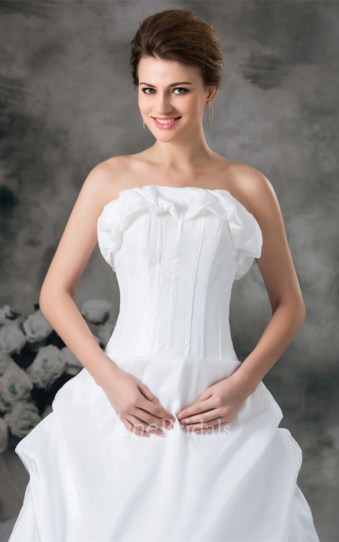 strapless maxi a-line gown with ruffles and pick up