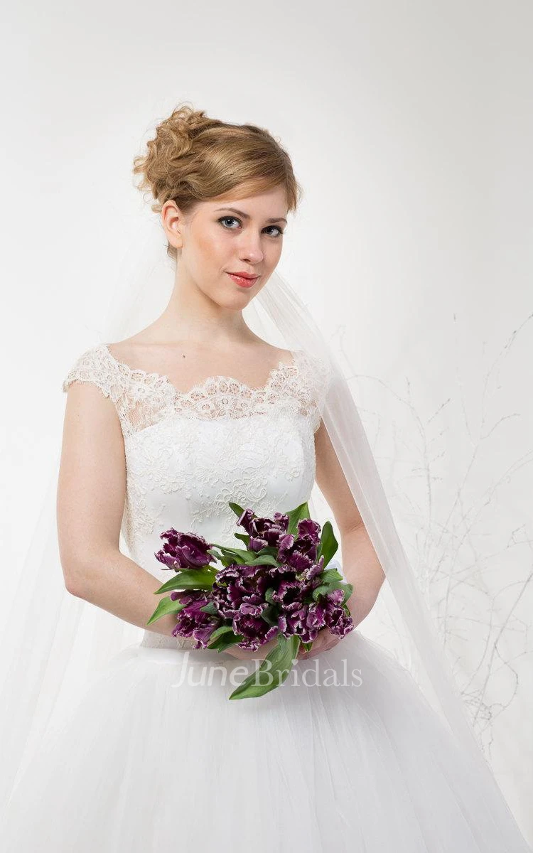 Bateau Neck Cap Sleeve Light-As-Air Wedding Dress With Closed Lace Back