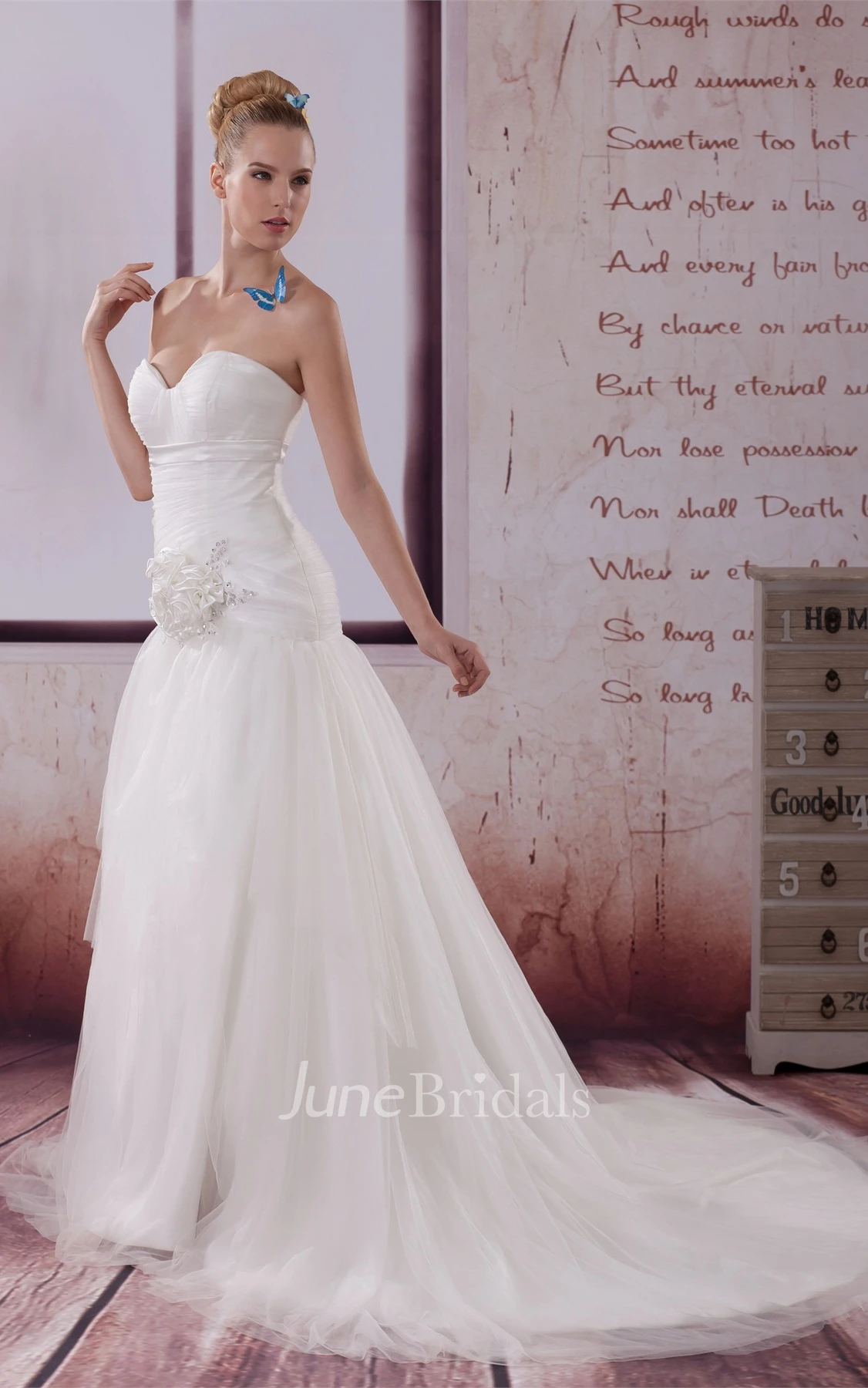 Sweetheart Tulle A-Line Gown with Flower and Ruching