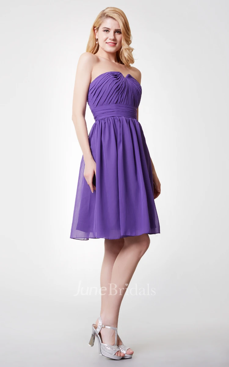 Strapless Ruched Short A-line Chiffon Dress With V-cut