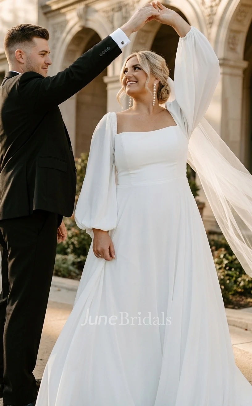 Simple Modest Plus Size Long Sleeve Spring Wedding Dress Casual Flattering A-Line Chiffon Bridal Gown