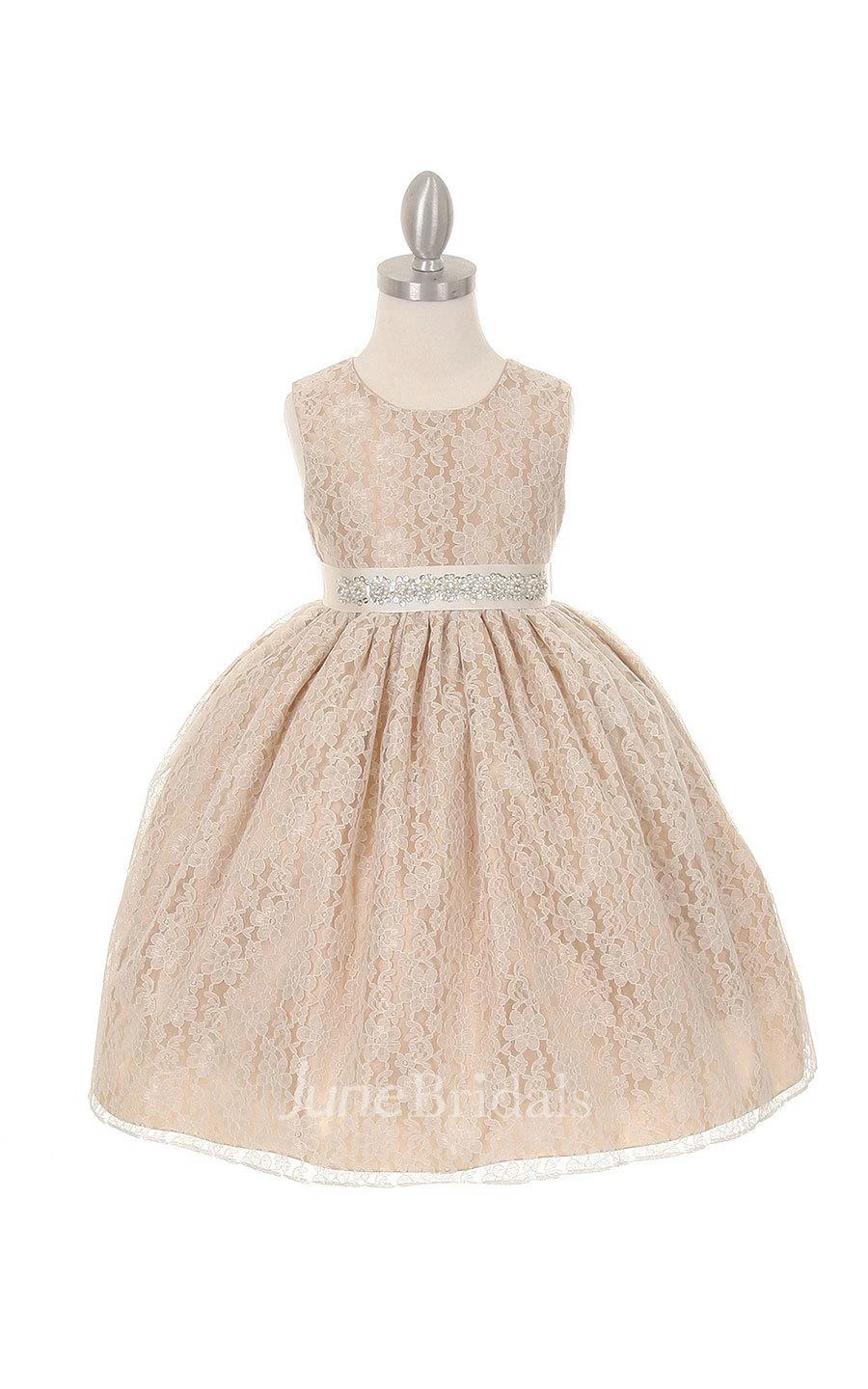 Solid Lace Sleeveless Scoop Neck Pleated Flower Girl Dress With Removable Rhinestone Belt