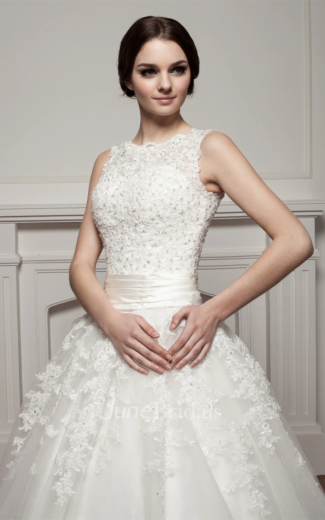 Bateau-Neck Sleeveless Ball Gown with Appliques and Tulle Overlay