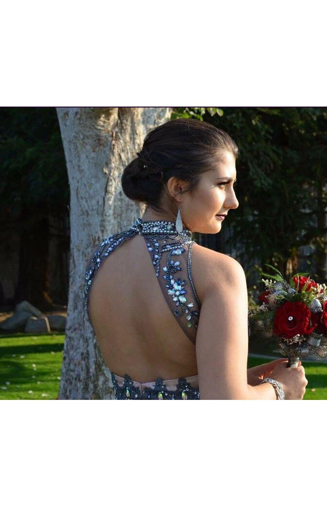 High Neck Sleeveless Long Pleats Satin Tulle Dress