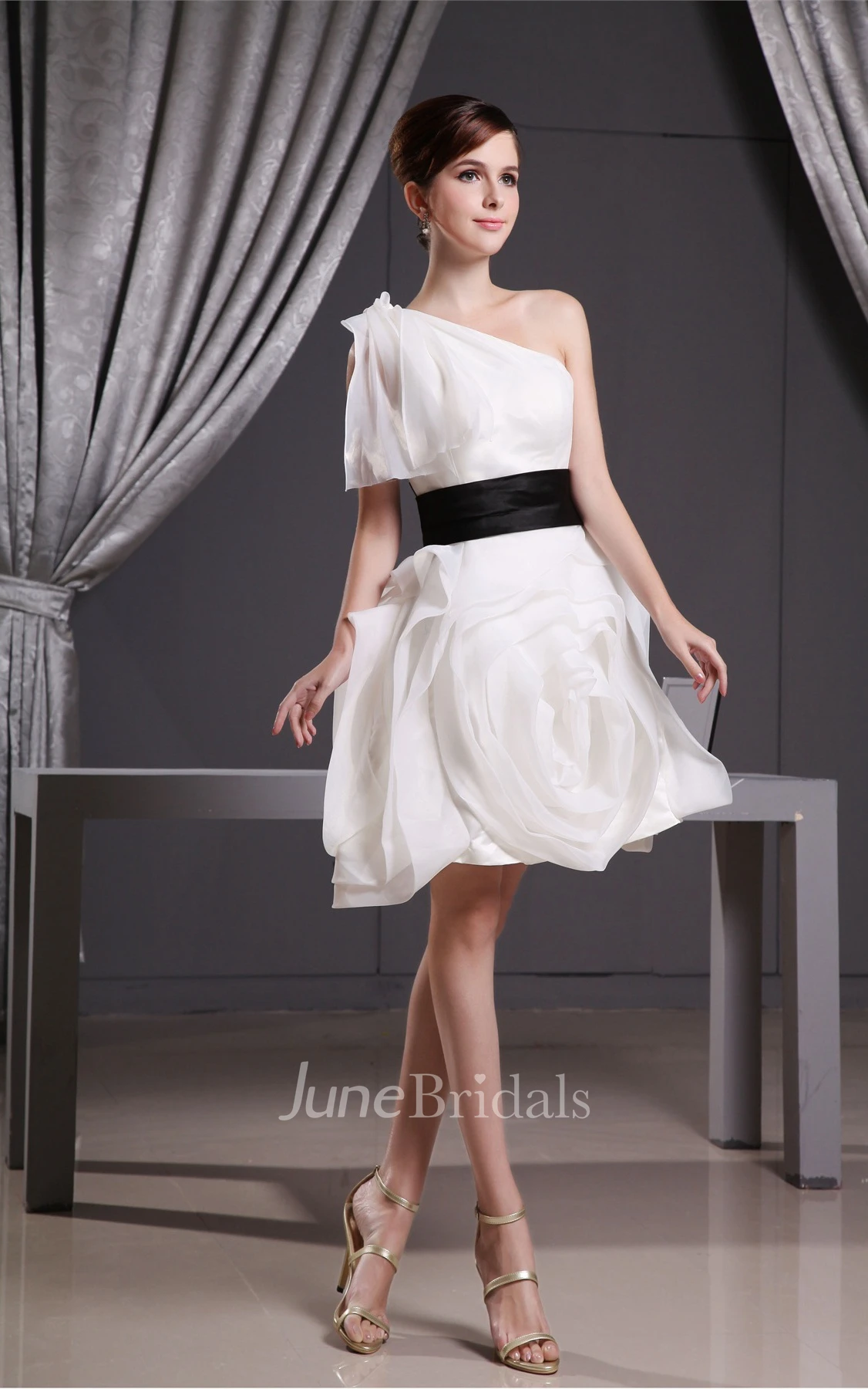 One-Shoulder A-Line Mini Dress with Floral Skirt