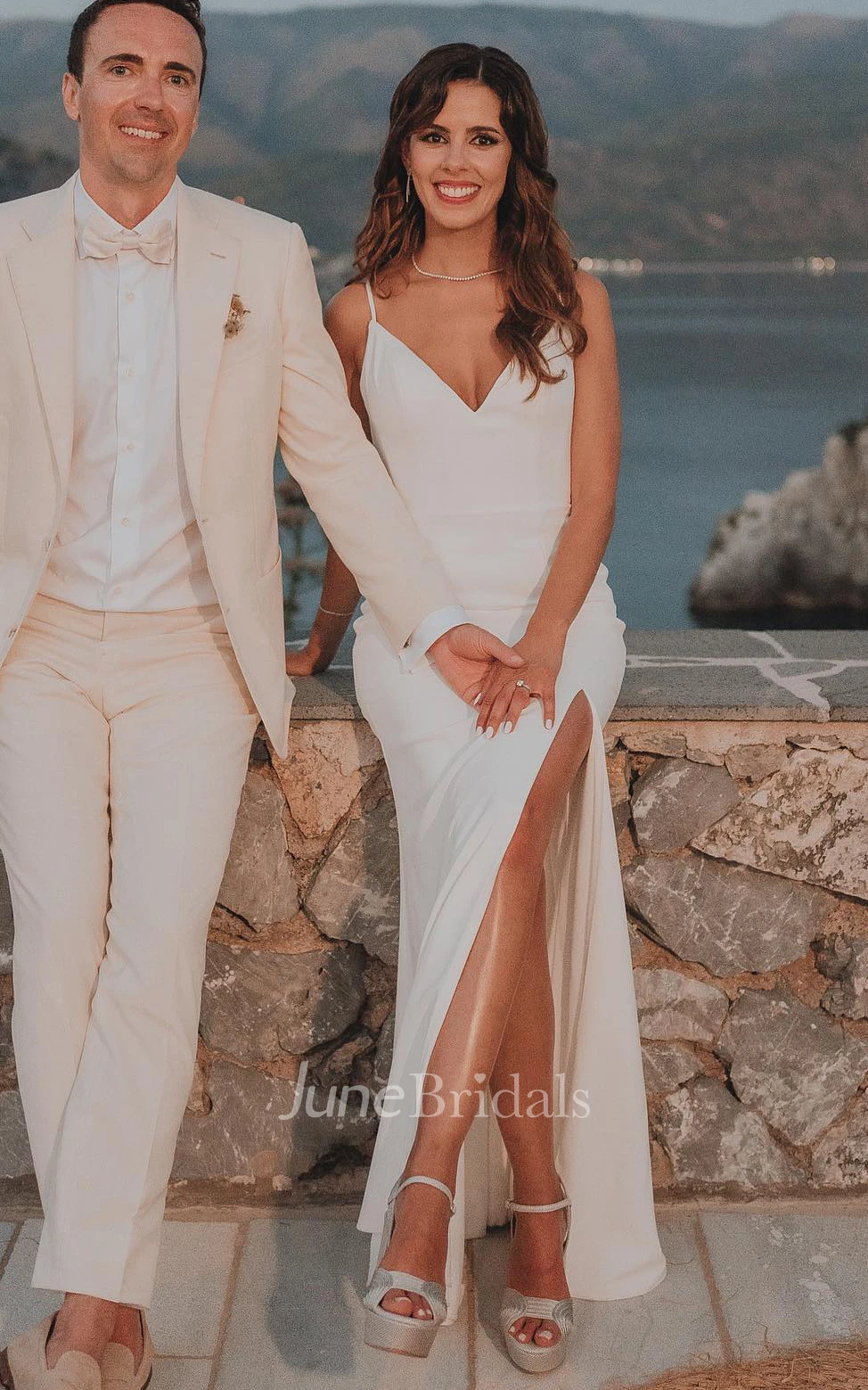 Simple Sheath Satin Spring Wedding Dress With Split Front And Deep-V Back 