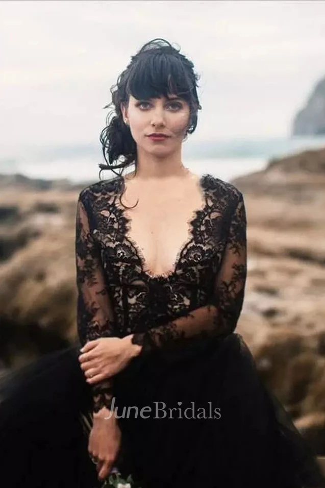 A-Line Ball Gown V-neck Long Sleeve Lace Tulle Wedding Dress