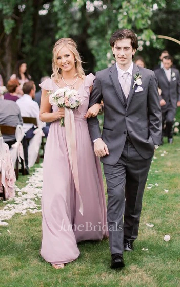 Modern A Line V-neck Chiffon Bridesmaid Dress With Short Sleeves And Low-V Back