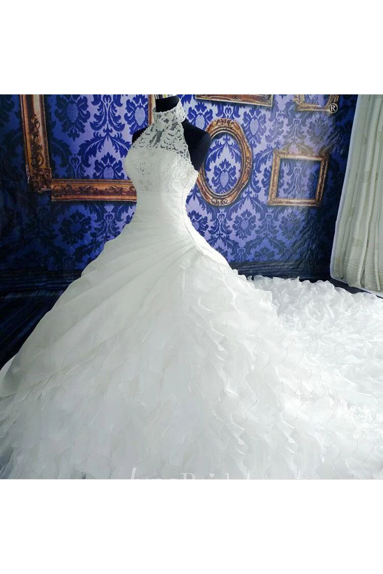 Gorgeous Ruffles Lace High Neck Wedding Dress Court Train Zipper