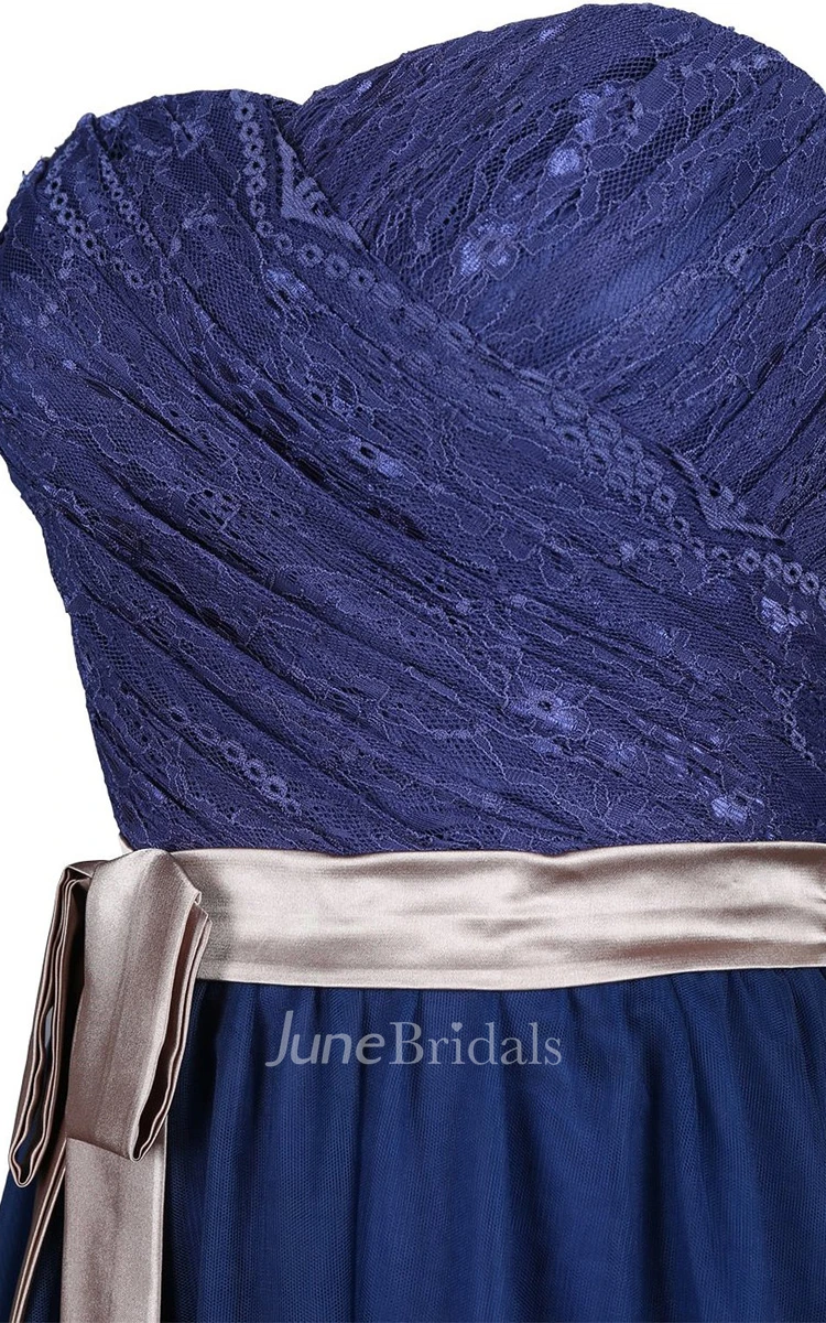 Strapless Long Dress With Lace Trim and Satin Sash